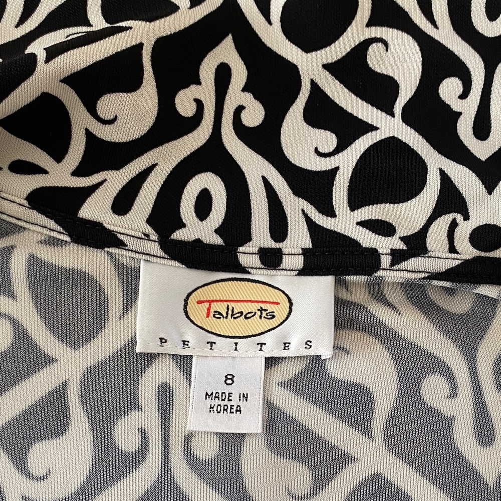 Talbots Petite 8 Black White Wrap Dress Moroccan Print Stretch Rayon - Picture 6 of 11